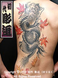 背中に昇り龍神と紅葉の刺青画像【エゴニー アンド エクスタシー タトゥーデザインスタジオ】彫迫