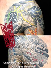 ひかえ五分で右に龍と左に鯉の刺青画像【エゴニー アンド エクスタシー タトゥーデザインスタジオ】彫迫