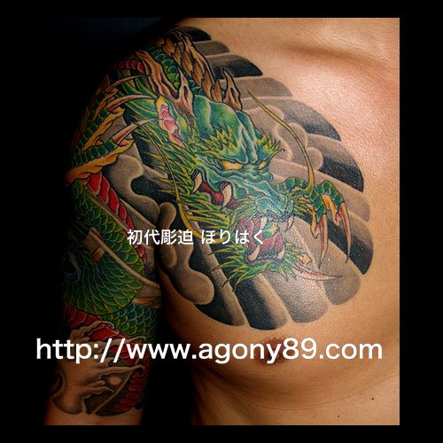 緑色の龍と菊の刺青1031_1