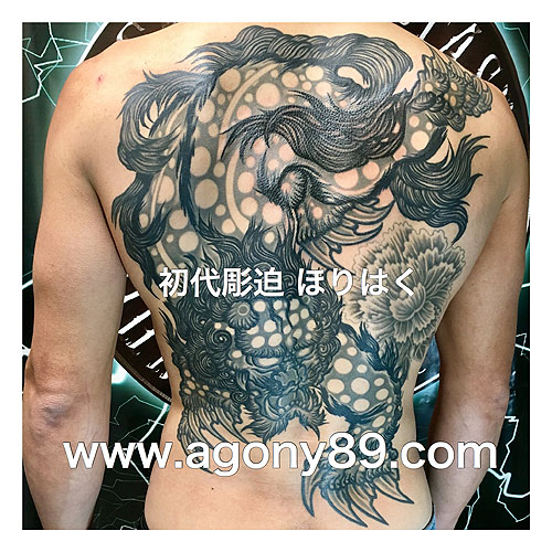 水墨画風の唐獅子 牡丹の刺青デザイン1175_2