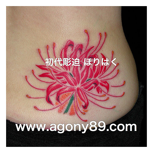 女性の腰に赤い彼岸花の刺青 