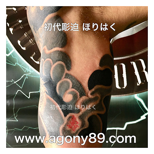 達磨（ダルマ）と打ち出の小槌、漢字と小判のひかえ五分袖額彫りの刺青1250_7