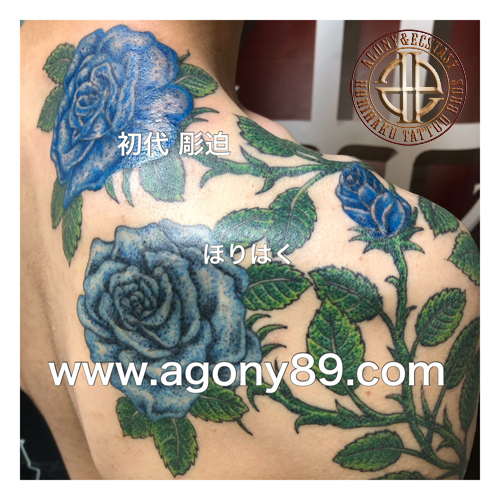 ブラック アンド グレーのドクロと奇跡の花と呼ばれる青い薔薇のタトゥー