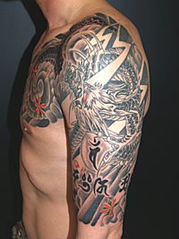 桜吹雪に龍と雷の刺青433_5